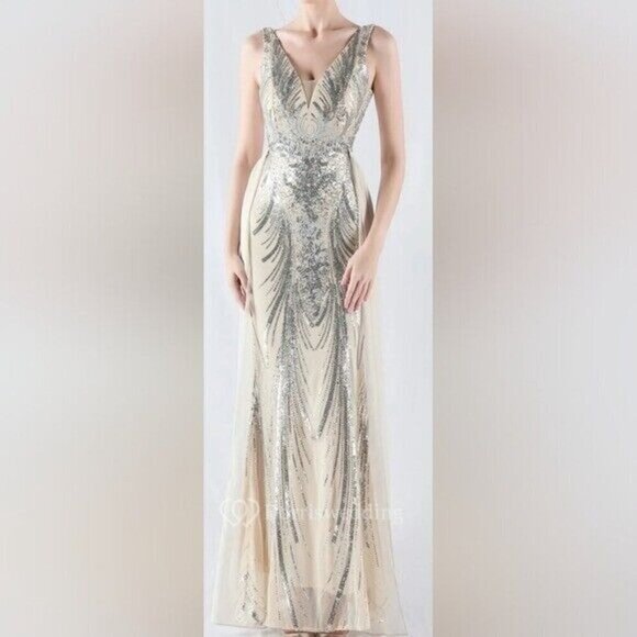 Silver, Double V, Beaded Back, Detachable Draped Skirt, Sequined Mermaid Gown - Picture 15 of 16